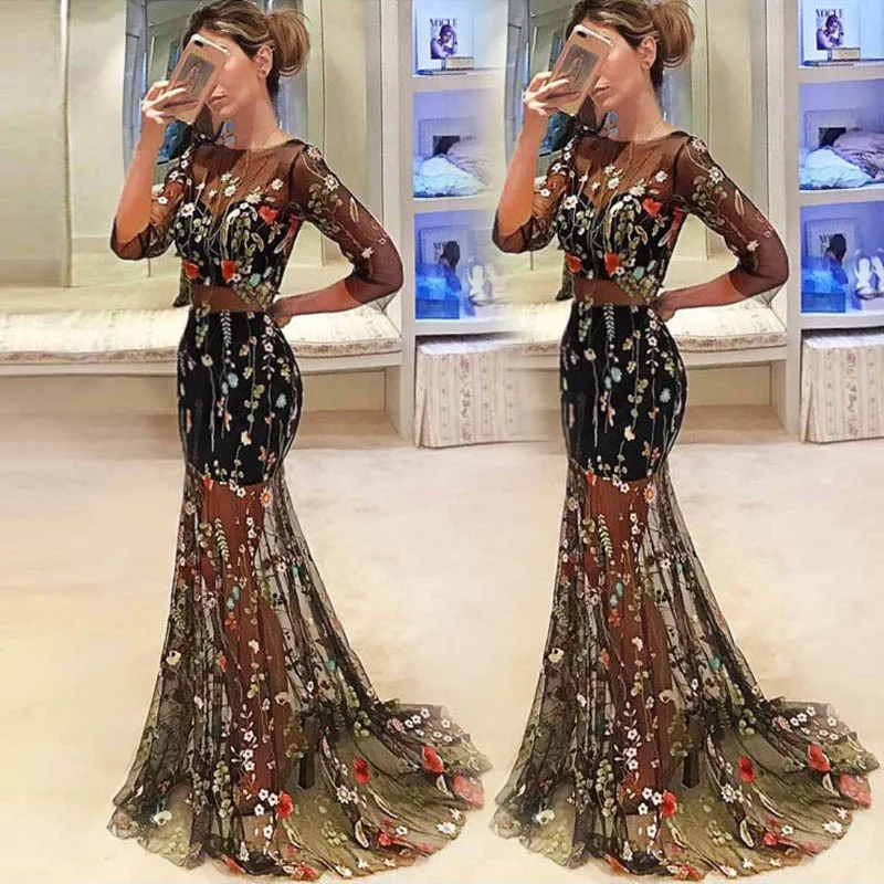 New Retro Black Floral Embroidery Long Sleeve Full Length Evening Dress Sexy Backless Robe De Cocktail Slim Wedding Prom Vestido
New Retro Black Floral Embroidery Long Sleeve Full Length Evening Dress Sexy Backless Robe De Cocktail Slim Wedding Prom Vestido