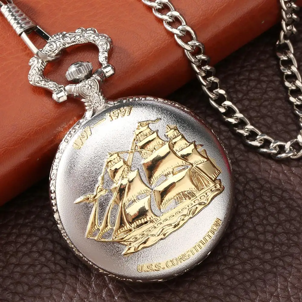 Silver Golden Military Series U.S Navy USS Constitution Sail Frigate Quartz Pocket Watch FOB Chain Old Ironsides 1797-1997 | Наручные