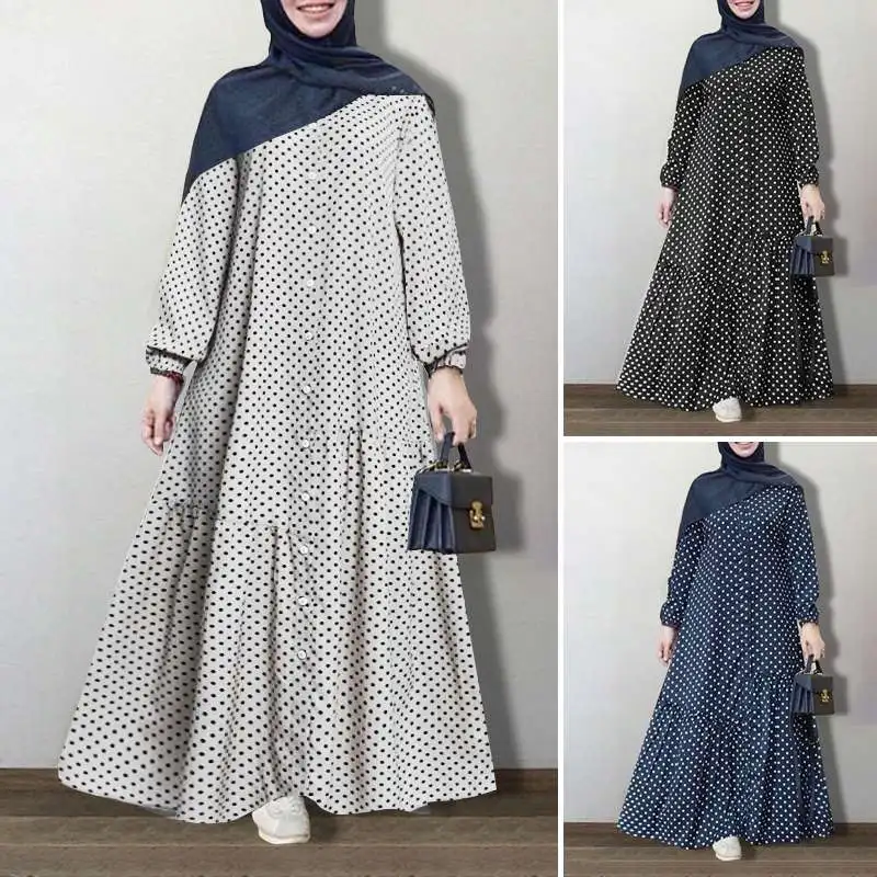 Turkey Arab Retro Printed Polka Dot Muslim Dress Button Women's Autumn Puff Sleeve Maxi Vestidos Female Moroccan Kaftan Abayas
Turkey Arab Retro Printed Polka Dot Muslim Dress Button Women's Autumn Puff Sleeve Maxi Vestidos Female Moroccan Kaftan Abayas