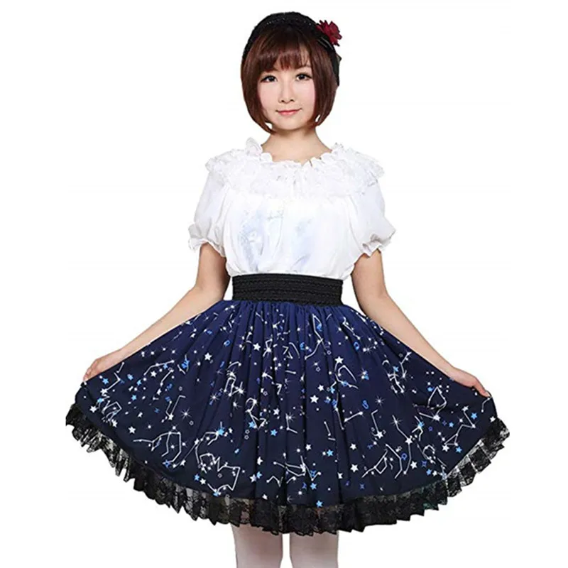 

Plus Size Dark Blue Stars Sky Constellation Printed Lolita Lace Sweet Skirt Women Pleated Soft Sister Lovely Adorable Bottoms