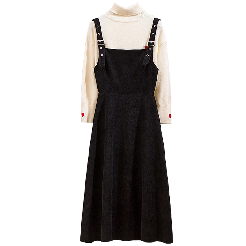 2020 Autumn Winter Korean Version Female 2 Piece Set Embroidered Solid Turtleneck Sweater Black Long Strap Dress Women Outfits
2020 Autumn Winter Korean Version Female 2 Piece Set Embroidered Solid Turtleneck Sweater Black Long Strap Dress Women Outfits