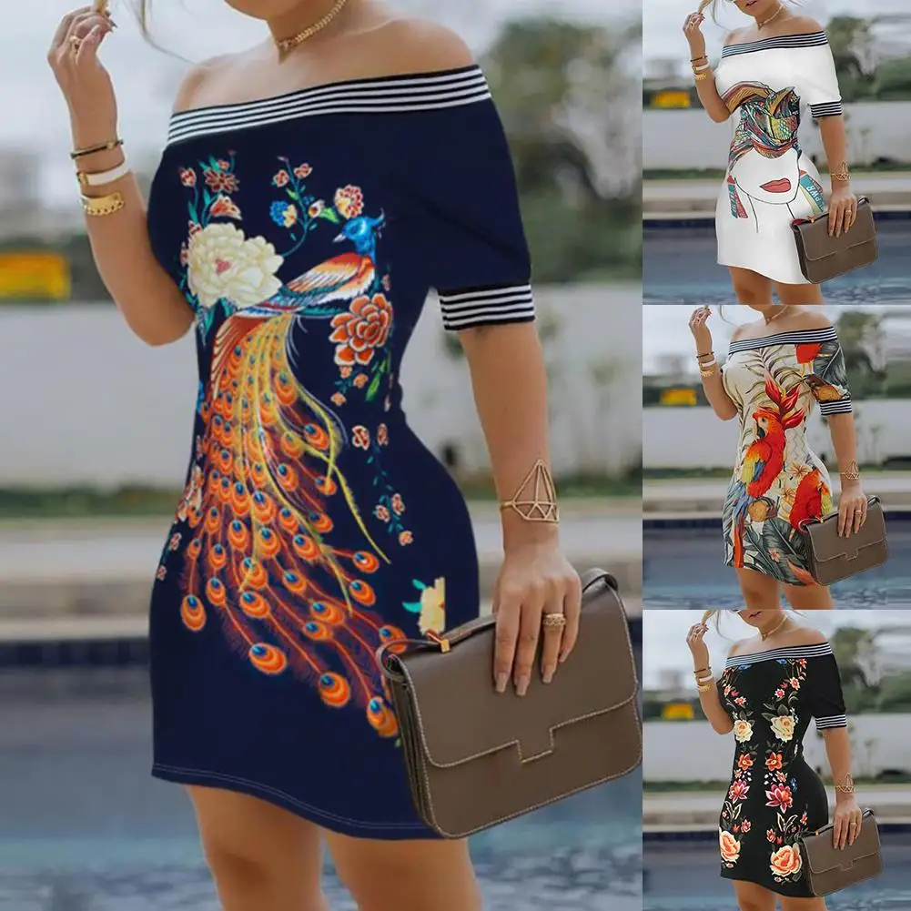 Sexy Women Short Sleeve Off Shoulder Floral Peacock Print Bodycon Mini Dress 
Sexy Women Short Sleeve Off Shoulder Floral Peacock Print Bodycon Mini Dress