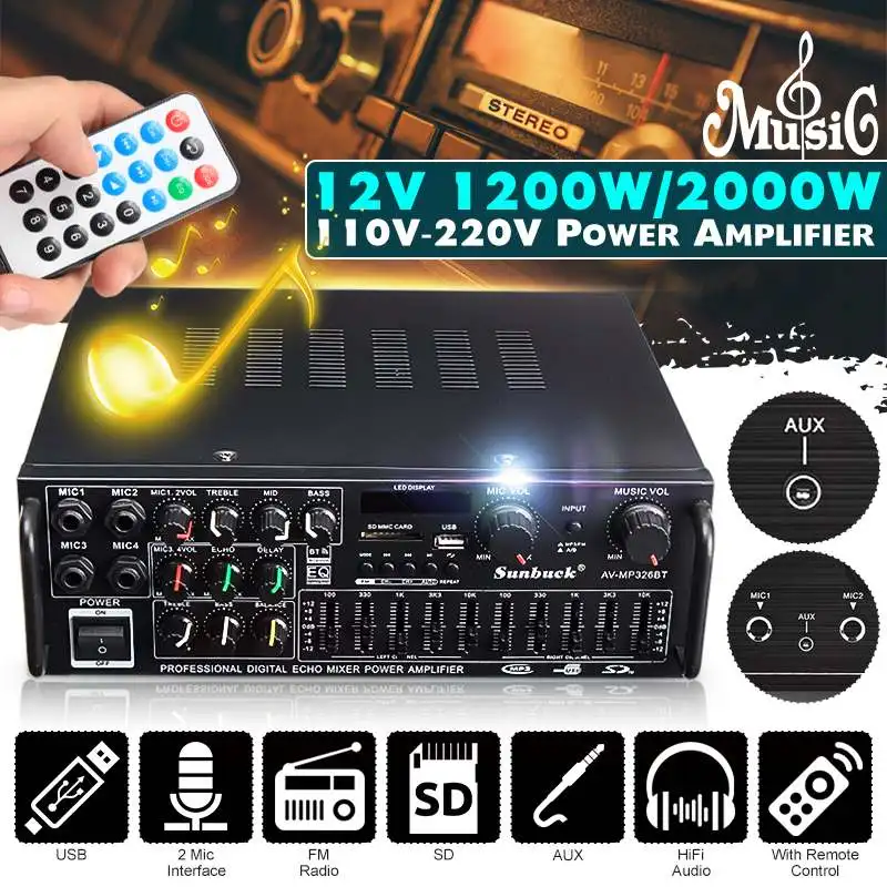 Усилитель мощности bluetooth, 2000 Вт, макс. 12 В/110-220 В, с пультом дистанционного управления, 2-канальный эквалайзер HiFi, стереоусилитель, Поддержка 4x ...
Усилитель мощности bluetooth, 2000 Вт, макс. 12 В/110-220 В, с пультом дистанционного управления, 2-канальный эквалайзер HiFi, стереоусилитель, Поддержка 4x ...