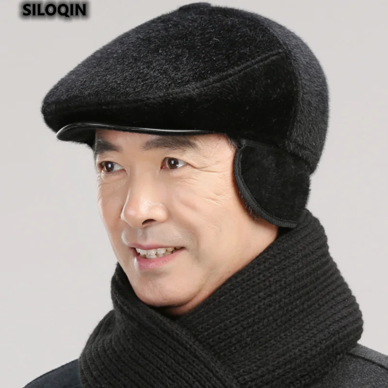 

Модная новая осенне-зимняя мужская зимняя шапка для среднего возраста имитация норковых волос сохраняющая тепло защита ушей береты для пож...