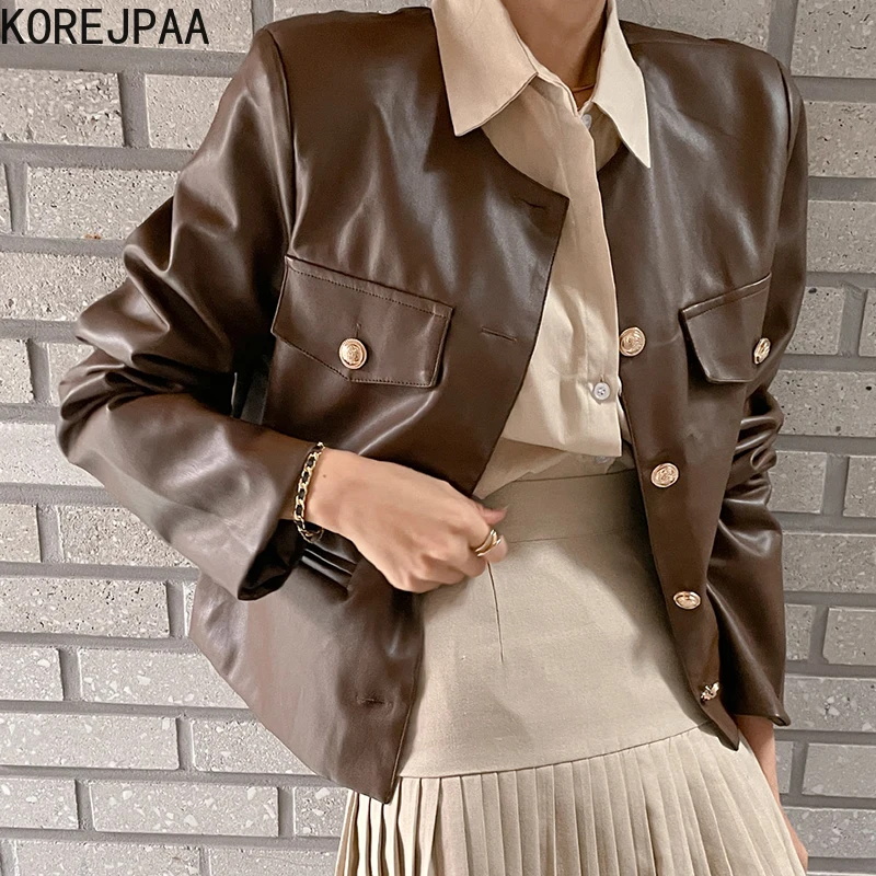 Korejpaa Autumn Retro Women Jacket Casual Round Neck Chic Buckle Multi-pocket Long Sleeve PU Leather Coat Female Streetwear
Korejpaa Autumn Retro Women Jacket Casual Round Neck Chic Buckle Multi-pocket Long Sleeve PU Leather Coat Female Streetwear