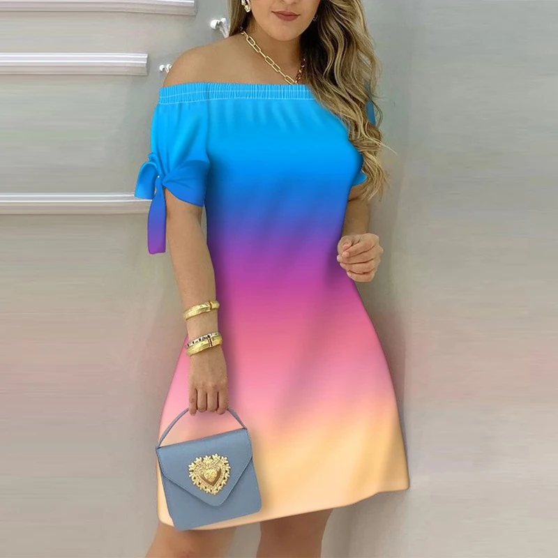 Summer Short Sleeve Dress Women Fashion Elegant Slash Neck Ladies Party Dresses Vintage Gradient Casual Loose Mini Dress Vestido 
Summer Short Sleeve Dress Women Fashion Elegant Slash Neck Ladies Party Dresses Vintage Gradient Casual Loose Mini Dress Vestido