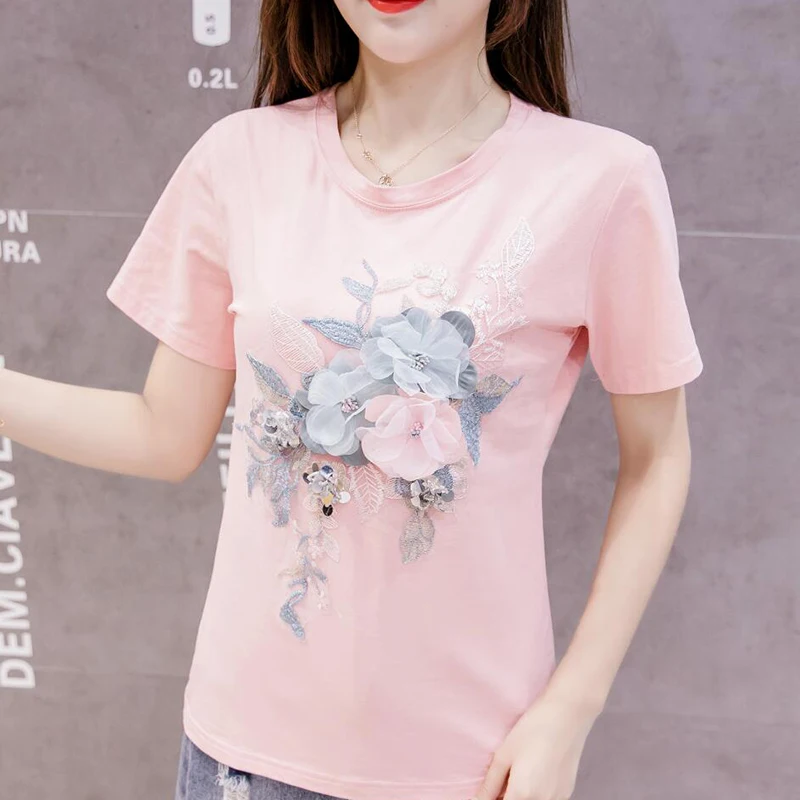 Summer Embroidery Beading Flower Tshirts Women O Neck Short Sleeve Girl Tops T-shirts Women Floral Tee Shirt
Summer Embroidery Beading Flower Tshirts Women O Neck Short Sleeve Girl Tops T-shirts Women Floral Tee Shirt