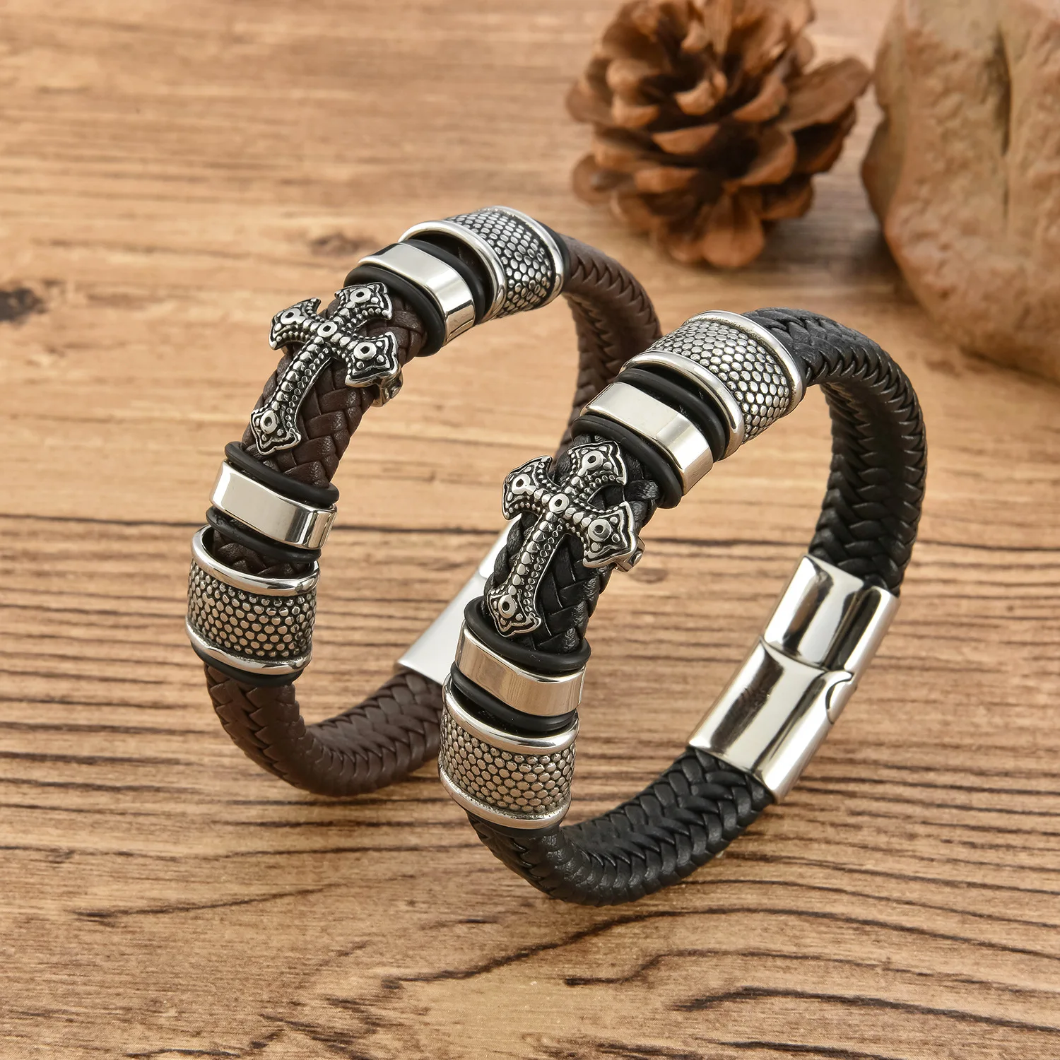 Cross Leather Bracelet Stainless Steel Black Woven Braselets Magnet Brown Bangle for Men Simple Popular Design
Cross Leather Bracelet Stainless Steel Black Woven Braselets Magnet Brown Bangle for Men Simple Popular Design