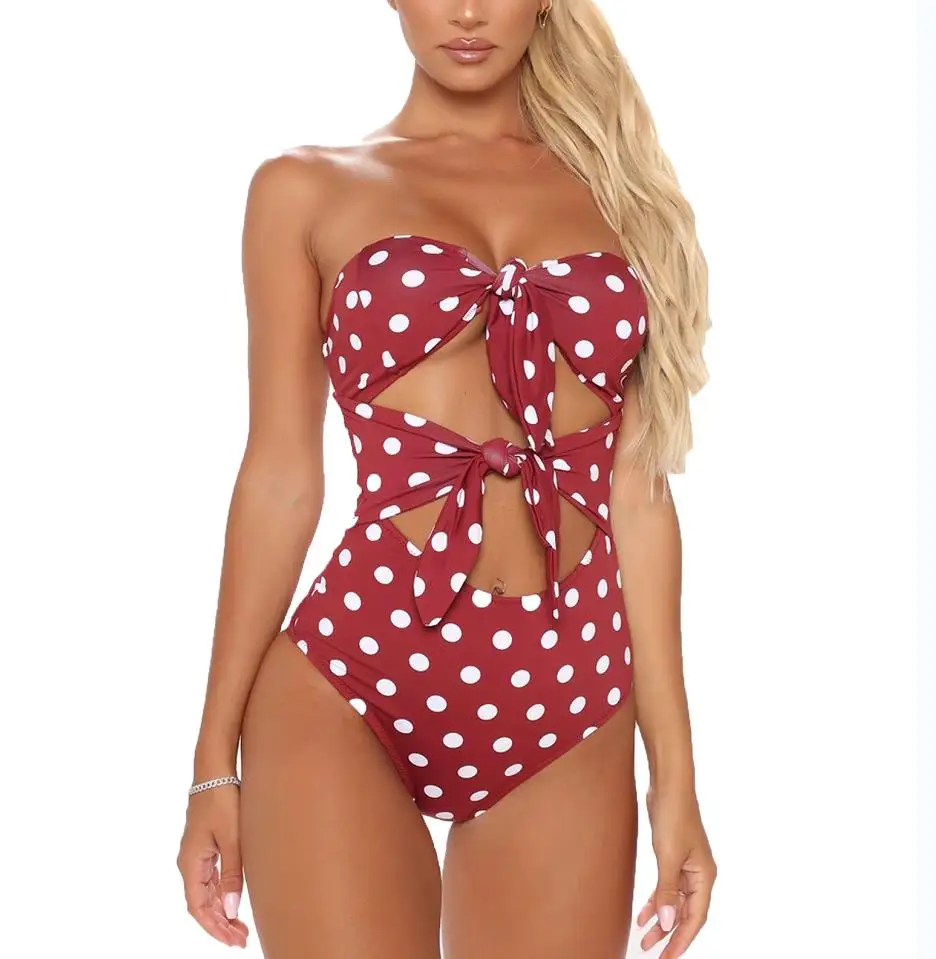 

Female Swimsuits Polka Dot Print Bikini Sets Sleeveless One-Piece Swimwear Women Sexy Hollow Out Monokini Bathing Suits 2021