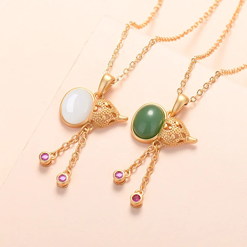 

Lyvior Fu Lu Shou Gourd Pendant Transparent Color Malay Jade Necklace White Jade Pendant Zircon Tassel Hollow Inlaid Jewelry