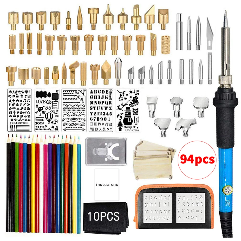 

94pcs Adjustable Soldering Iron Carving Pyrography Tool Wood Embossing Burning Soldering Pen Set Welding Tips Kit EU/US/UK Plug