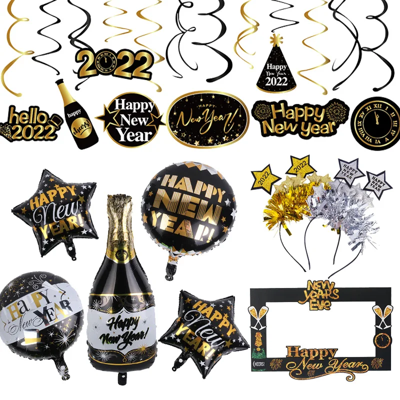 

Happy New Year Foil Balloons Photo Booth Frame Props Balloons Gold Black Banner Garland Navidad New Year 2022 Eve Party Supplies