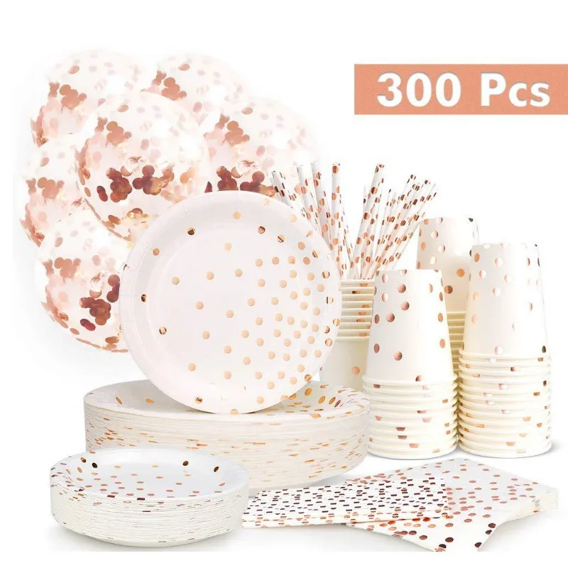 300PCS Party Supplies Set Disposable Paper Plate Cutlery Set Golden Polka Dot Hot Stamping Plate Cup Straw Balloon
300PCS Party Supplies Set Disposable Paper Plate Cutlery Set Golden Polka Dot Hot Stamping Plate Cup Straw Balloon