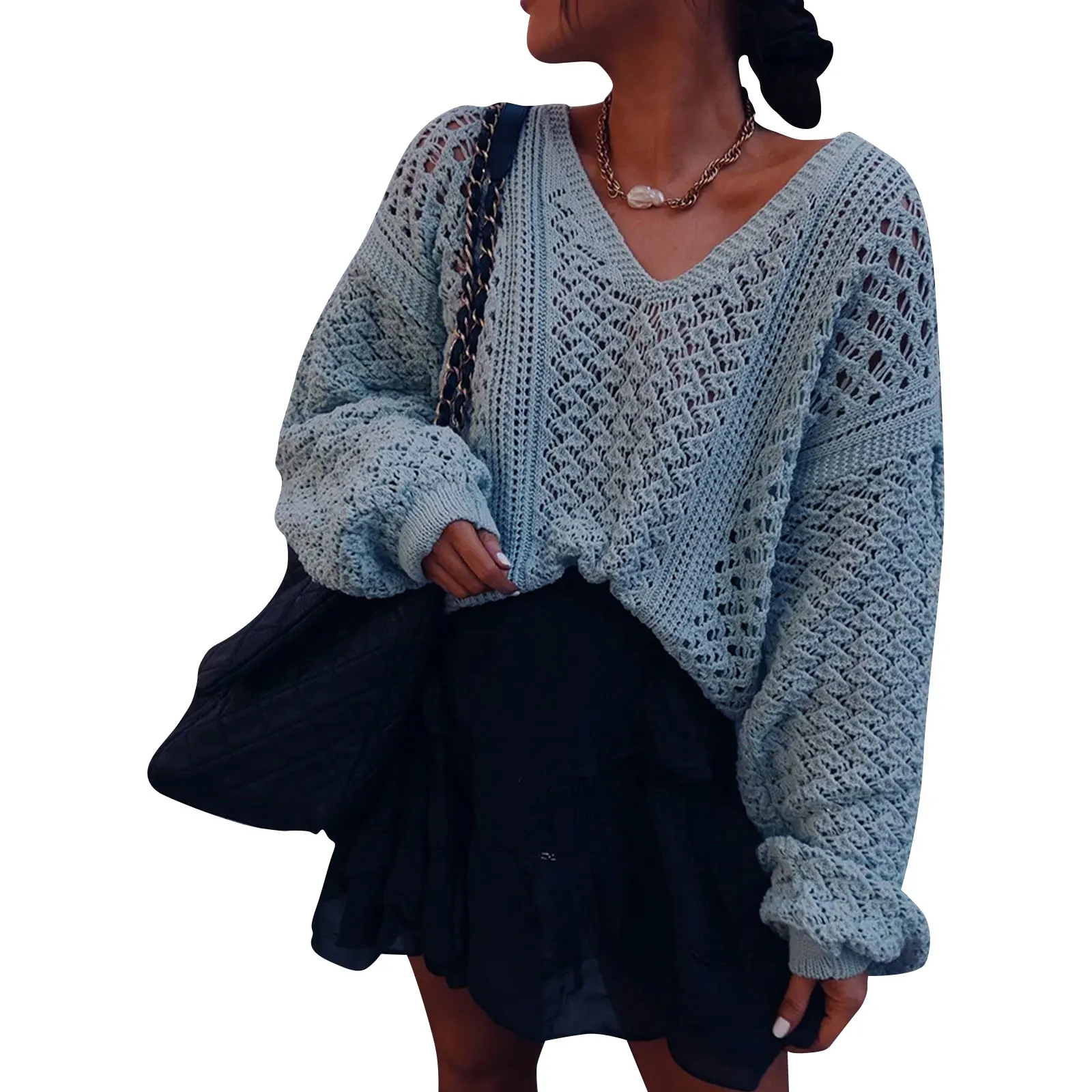 Women Hollow Knit Sweater, Adults Loose Solid Color Long Sleeve V-neck Pullover (White, Blue)
Women Hollow Knit Sweater, Adults Loose Solid Color Long Sleeve V-neck Pullover (White, Blue)