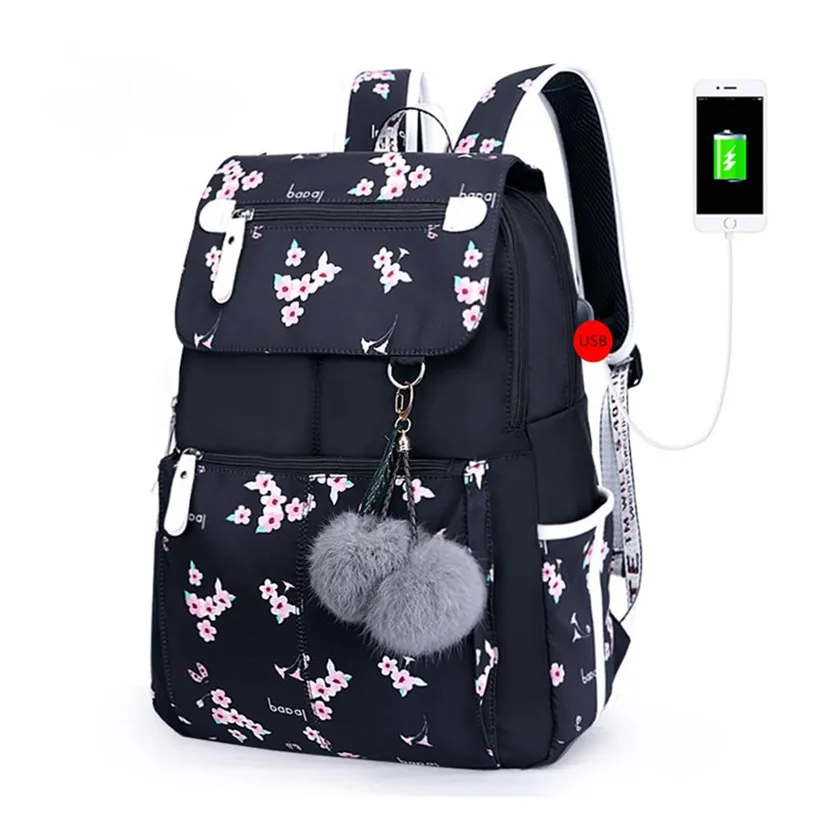 Женский школьный рюкзак Fengdong черный для девочек с usb-разъемом украшенный