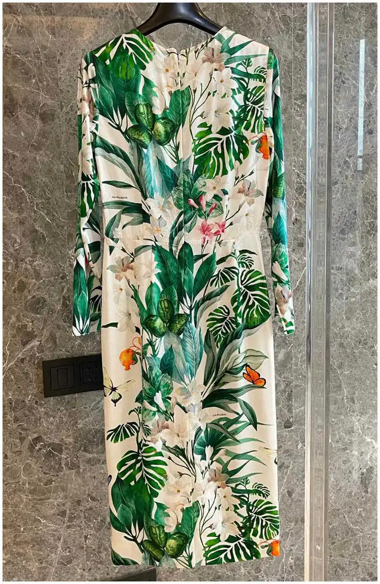 High-Quality 100% silk women's dress, flower green leaf print, holiday party elegant temperament mid-length dress Vestidos
High-Quality 100% silk women's dress, flower green leaf print, holiday party elegant temperament mid-length dress Vestidos