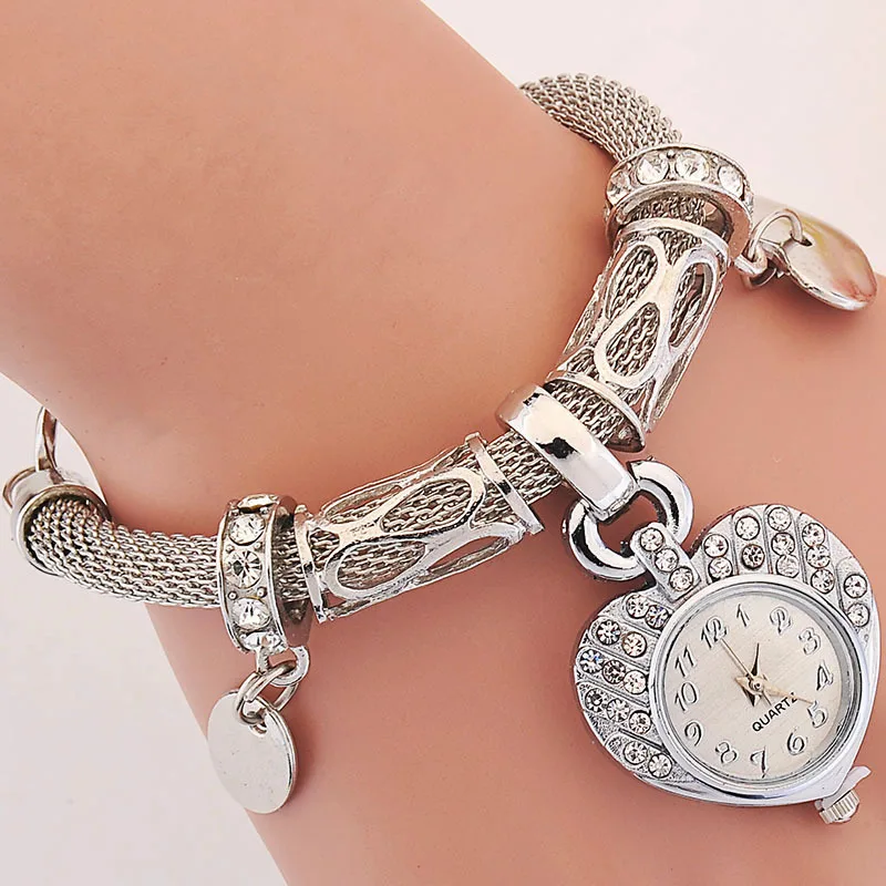 Милые золотистые и Серебристые часы-браслет в форме сердца для девочек женщин