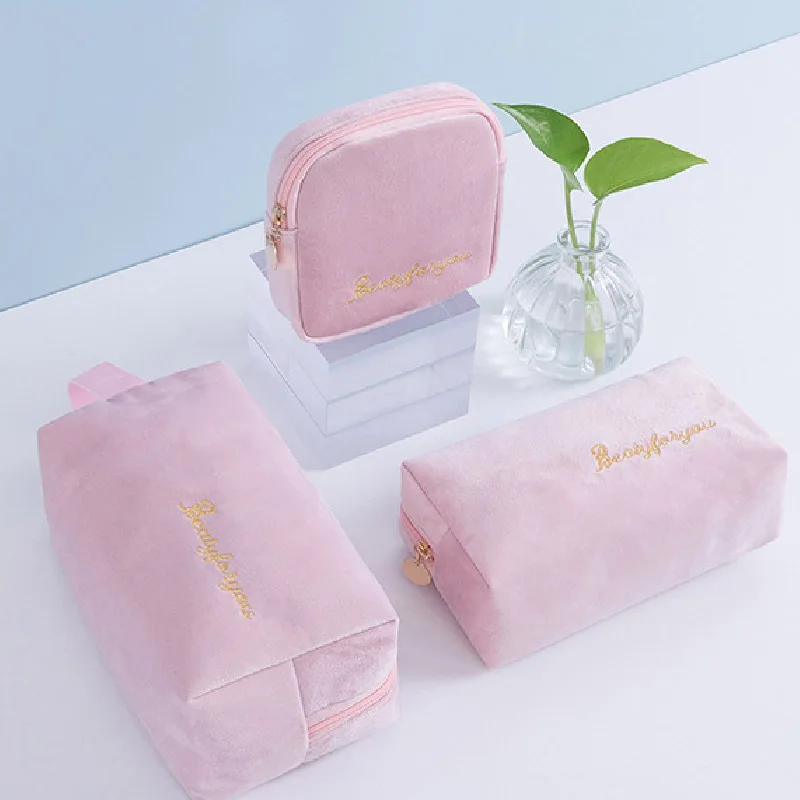 

Travel Cosmetic Bag Women Toiletries Female Portable Travel Storage Organizer Toiletry Solid Color Storage Flannel Cosmetic Bag