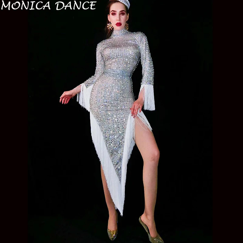 Women Nightclub Sexy Sparkly Silver Rhinestones Fringes Dress Prom Singer Host Models Catwalk Crystal Tassel Dress Stage Dress
Women Nightclub Sexy Sparkly Silver Rhinestones Fringes Dress Prom Singer Host Models Catwalk Crystal Tassel Dress Stage Dress