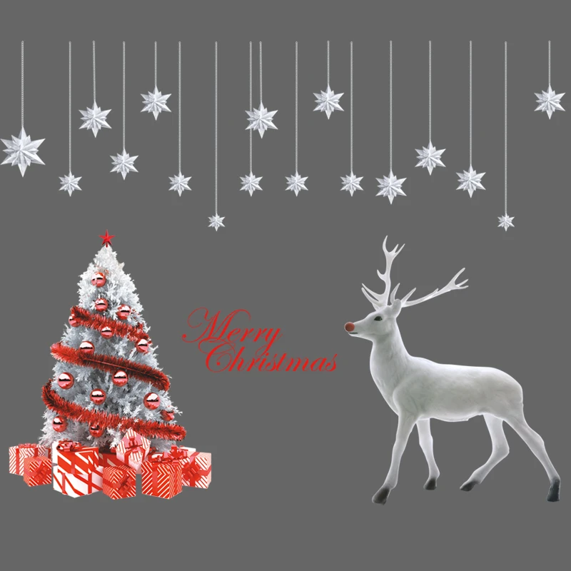 

Large Merry Christmas Wall Stickers Window Glass Showcase White Tree Deer Hanging Art Decals Xmas Decoration Shop Decor