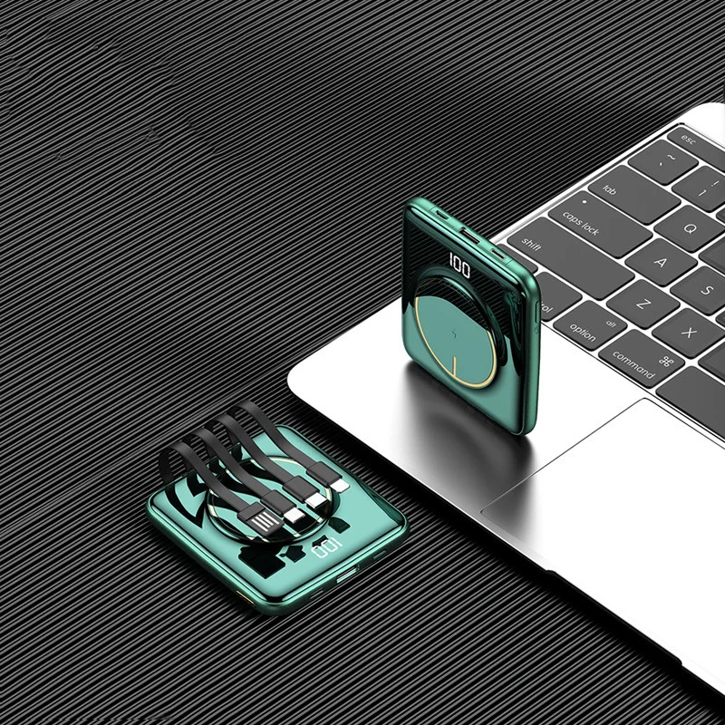 Внешний мини-аккумулятор 20000 мАч, беспроводное зарядное устройство Qi и кабель для быстрой зарядки 
Внешний мини-аккумулятор 20000 мАч, беспроводное зарядное устройство Qi и кабель для быстрой зарядки