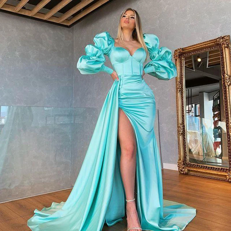 New In Elegant Satin Prom Dresses Puff Long Sleeves Sweetheart High Split Women Formal Evening Pageant Gowns Plus Size Custom
New In Elegant Satin Prom Dresses Puff Long Sleeves Sweetheart High Split Women Formal Evening Pageant Gowns Plus Size Custom
