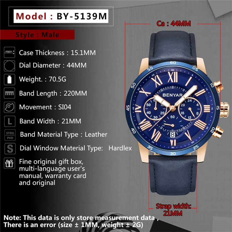 BENYAR top luxury brand men's watches quartz sport wristwatches mens waterproof leather chronograph watch men Relogio Masculino
BENYAR top luxury brand men's watches quartz sport wristwatches mens waterproof leather chronograph watch men Relogio Masculino