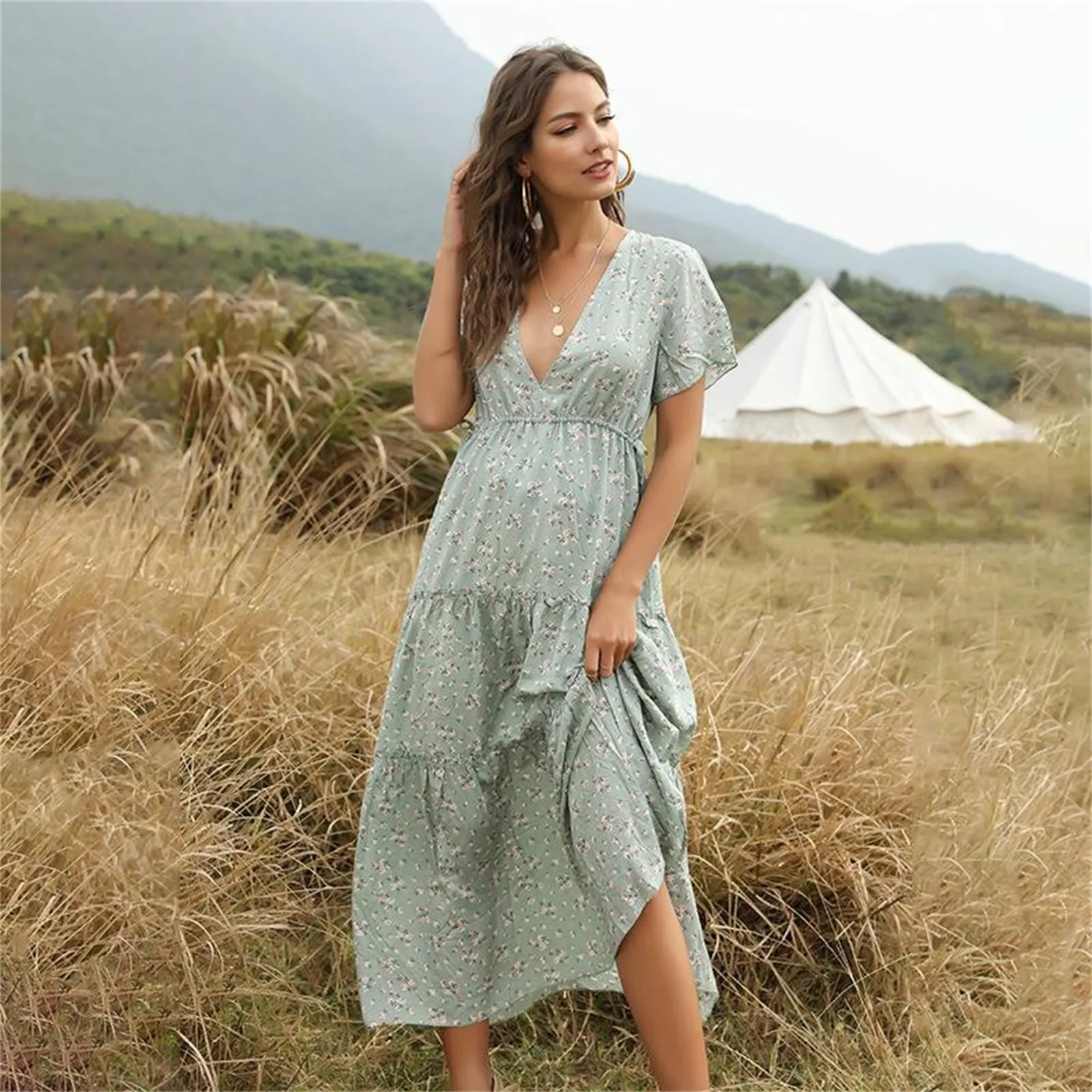 40# Bohemia Floral Print Maxi Dress Ankle-length Dress V Neck Short Sleeve Ruffle Dress Summer Elegant Chiffon Robe Femme
40# Bohemia Floral Print Maxi Dress Ankle-length Dress V Neck Short Sleeve Ruffle Dress Summer Elegant Chiffon Robe Femme