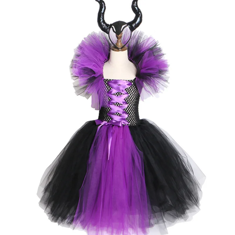 

Children Halloween Costume Dress Deluxe Girls Fancy Christening Black Glam Gown Tutu Dress Kids Demon Queen Witch Clothes