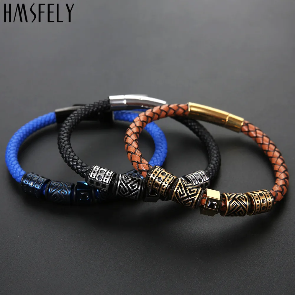 HMSFELY Men Fashion Leather Bracelet Titanium Stainless Steel Beads Charm Bracelets Bangles Jewelry For Clasp | Украшения и