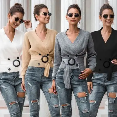 Autumn and winter hot style women's temperament casual double breasted long sleeve sweater lace up waist women's sweater 
Autumn and winter hot style women's temperament casual double breasted long sleeve sweater lace up waist women's sweater