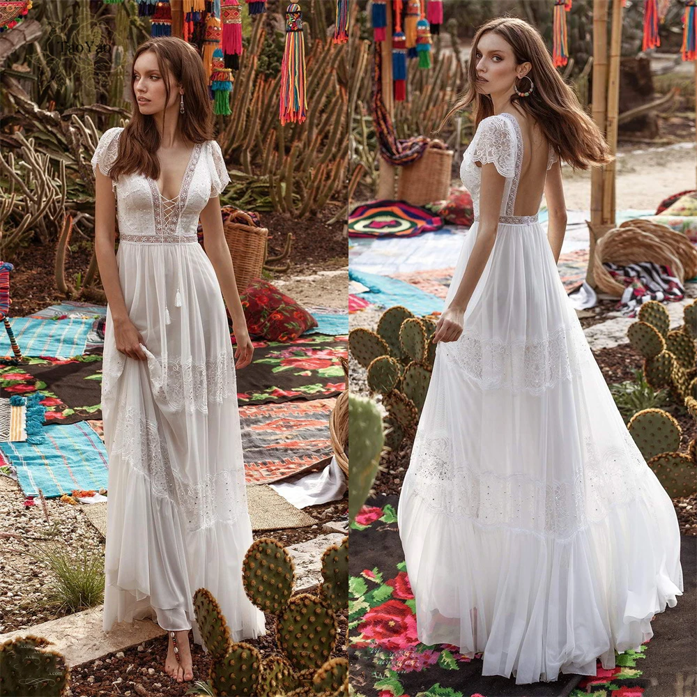 Cheap Wedding Gowns Open Back Wedding Boho Style Short-sleeved V-neckline White Lace Evening Dress Vestidos De Novia
Cheap Wedding Gowns Open Back Wedding Boho Style Short-sleeved V-neckline White Lace Evening Dress Vestidos De Novia