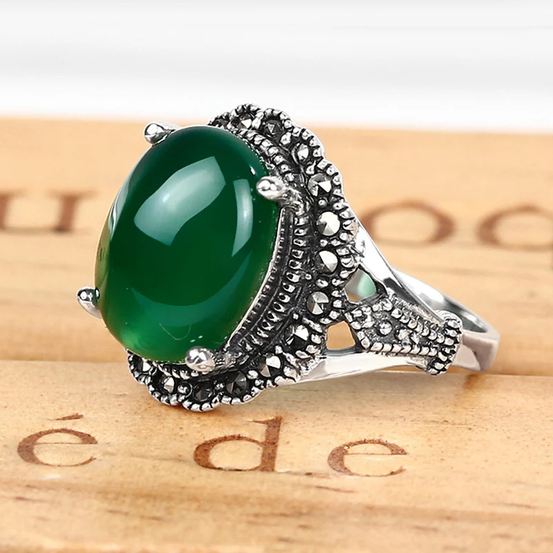 Green Agate 925 Silver Rings Vintage Wedding Engagement Sterling for Women Oval Adjustable Natural Stone Ring | Украшения и