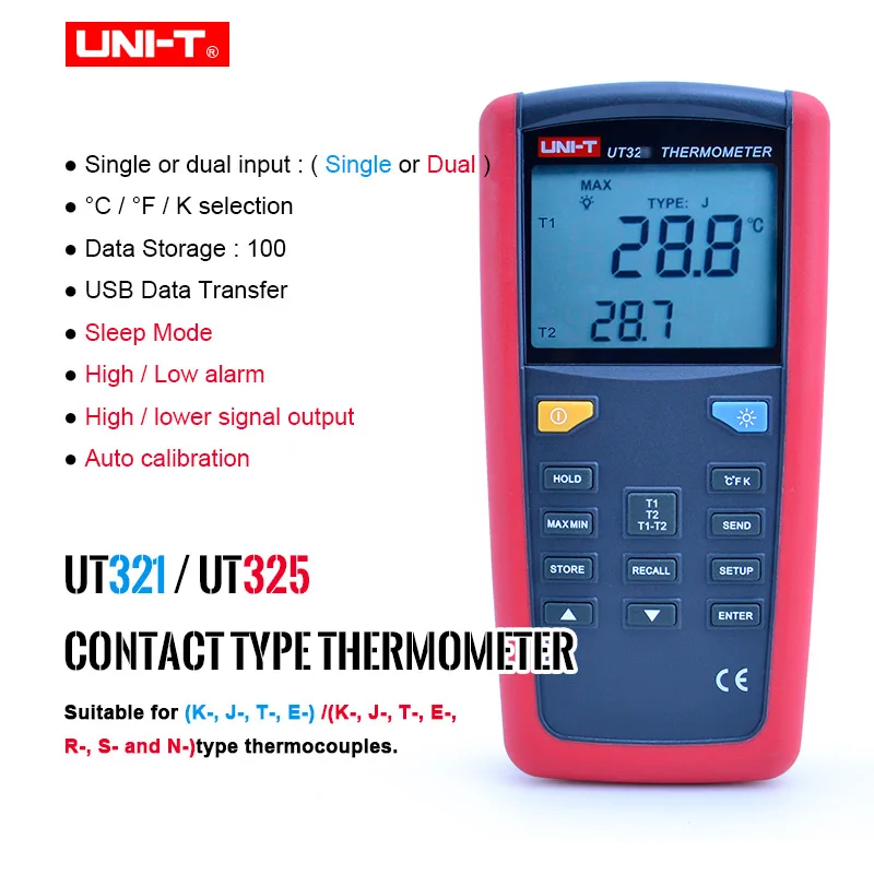 

UNI-T Pyrometer Contact Type Thermometer UT325 UT321 Industrial Temperature Meter 2CH Data Logging Test K/J/T/E/R/S/N