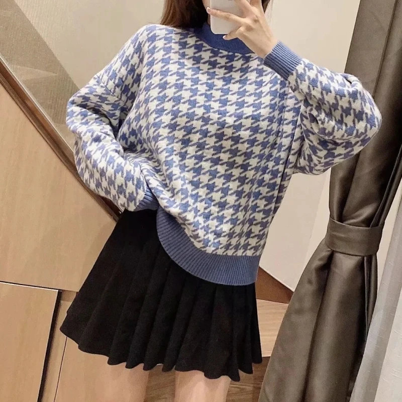 Women's Houndstooth Knitted Loose Sweater Casual Femme O-Neck Long Sleeve Pullover High Street Ladies Top
Women's Houndstooth Knitted Loose Sweater Casual Femme O-Neck Long Sleeve Pullover High Street Ladies Top