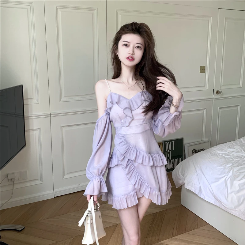 Chiffon Woman Dress Ruffles Autumn Flare Sleeve Off Shoulder Strapless Ruffles Purple Spaghetti Strap Short Dresses New
Chiffon Woman Dress Ruffles Autumn Flare Sleeve Off Shoulder Strapless Ruffles Purple Spaghetti Strap Short Dresses New