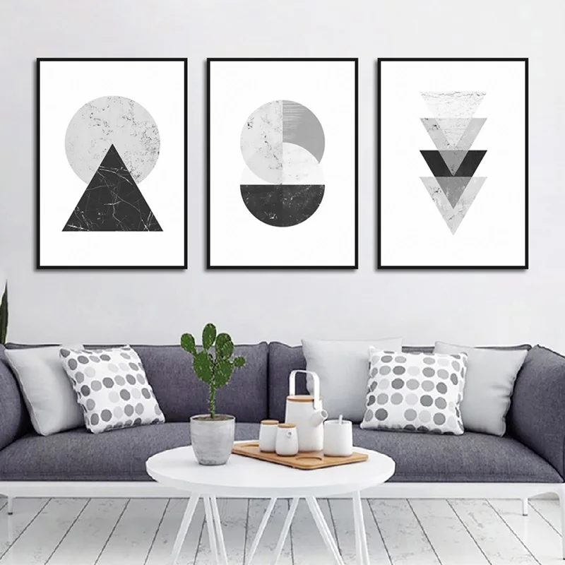 

Modern Abstract Black And Gray Geometric In Round Semicircle Triangle Poster Decoration Living Room Decoration Painting