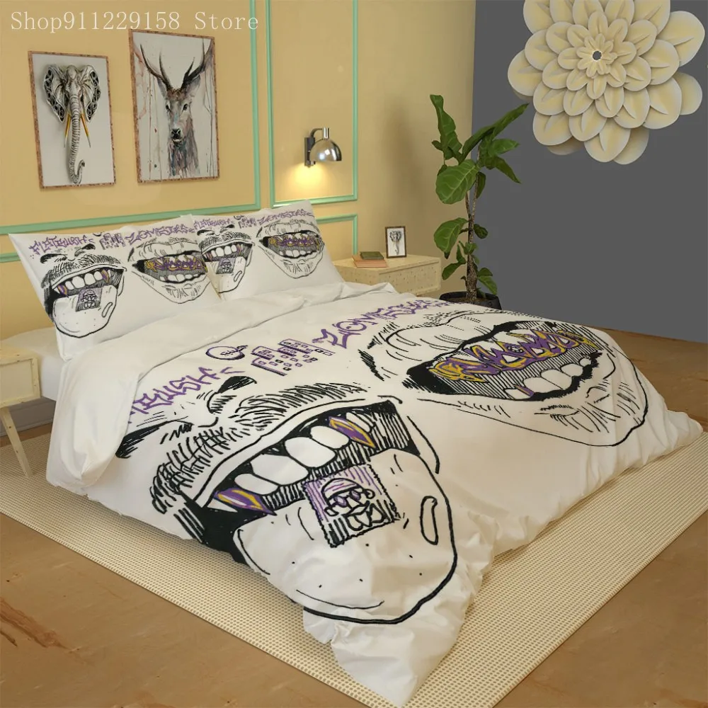 

3D White Bedding Set Fashion Personalized Mouth Printed Duvet Cover Vivid Comforter Cover 3 Pieces Pattern Bed Set Dropship