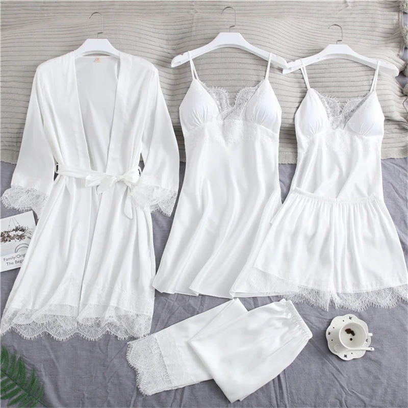 Women's white silk pajama set, sexy lace pajamas, wedding dress, kimono pajamas, underwear, 5-piece set.
Women's white silk pajama set, sexy lace pajamas, wedding dress, kimono pajamas, underwear, 5-piece set.