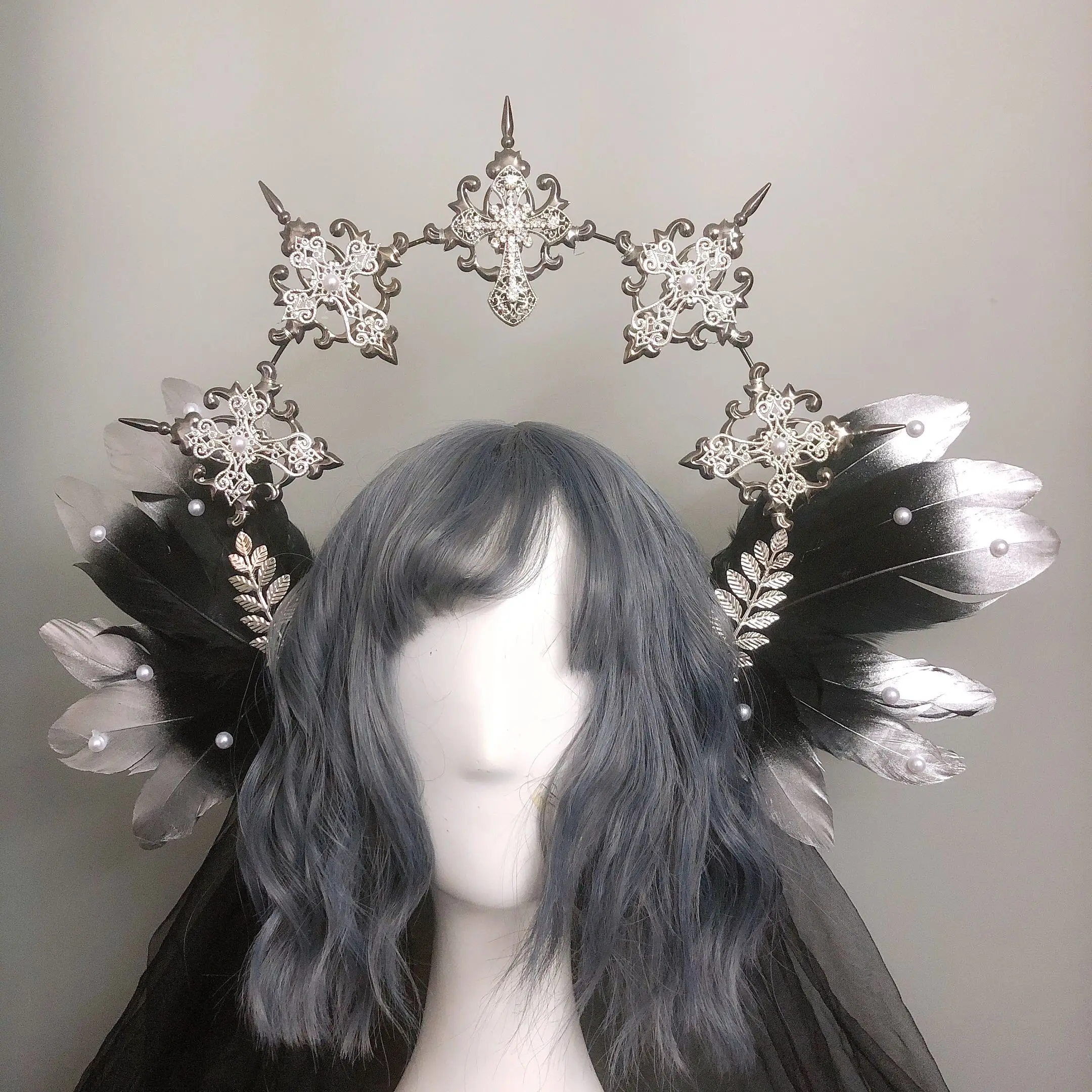 

Handmade Palace Style Holy Virgin Crown Aura Halo Lolita Headdress Feathers Wedding Darkness Gothic Religious Cross Girl Headwea