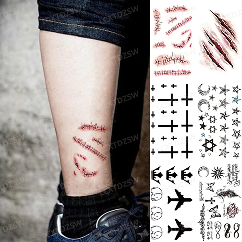 

Halloween Zombie Hand Scar Tattoo Sticker Fake Scar Bloody Costume Horror Lifelike Real Wound Blood Stickers Temporary Tattoos