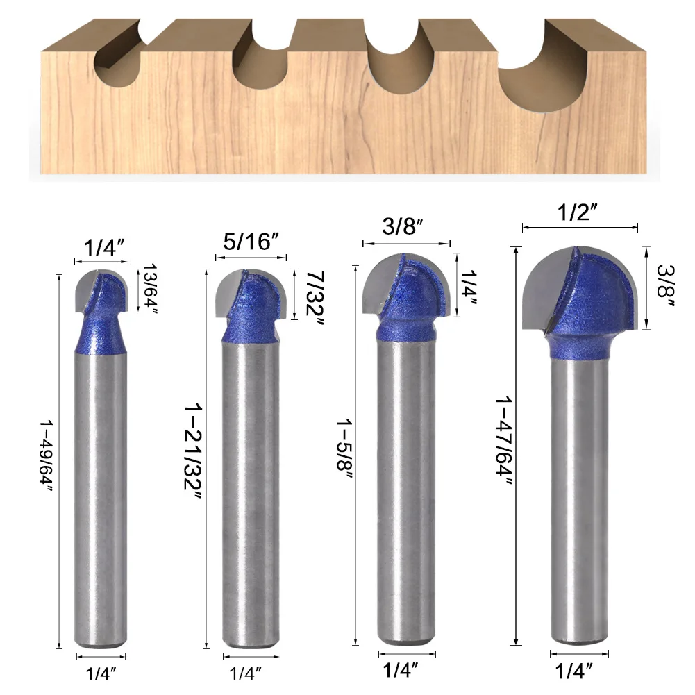 1/4" (6.35mm) Shank Round Nose Router Bits Set 4-Size Diameter-1/4"&5/16"&3/8"&1/2" Woodworking Core Box Milling Cutters Kit
1/4" (6.35mm) Shank Round Nose Router Bits Set 4-Size Diameter-1/4"&5/16"&3/8"&1/2" Woodworking Core Box Milling Cutters Kit