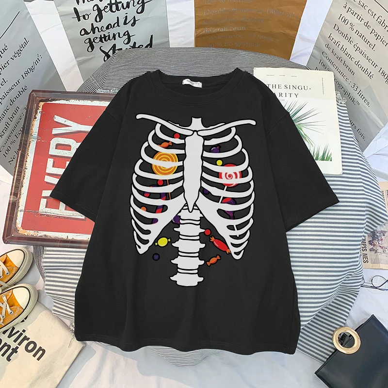 Модная футболка унисекс с принтом человеческих костей Базовая рубашка для пары