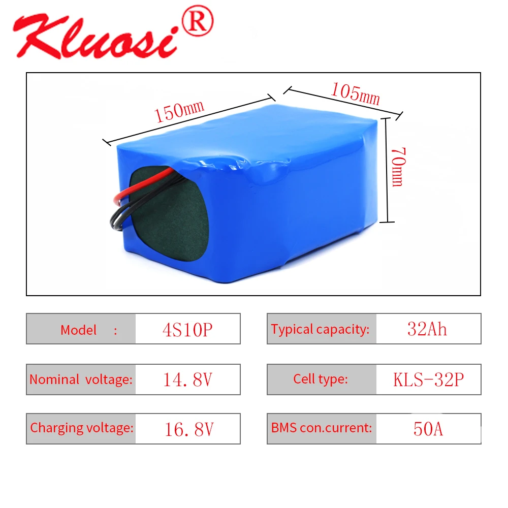 KLUOSI 4S10P 14.8V 32Ah 600Watt 14.4V 16.8V Lithium Battery Pack with 50A BMS for Inverter Smart Robot High-power Equipment Etc |