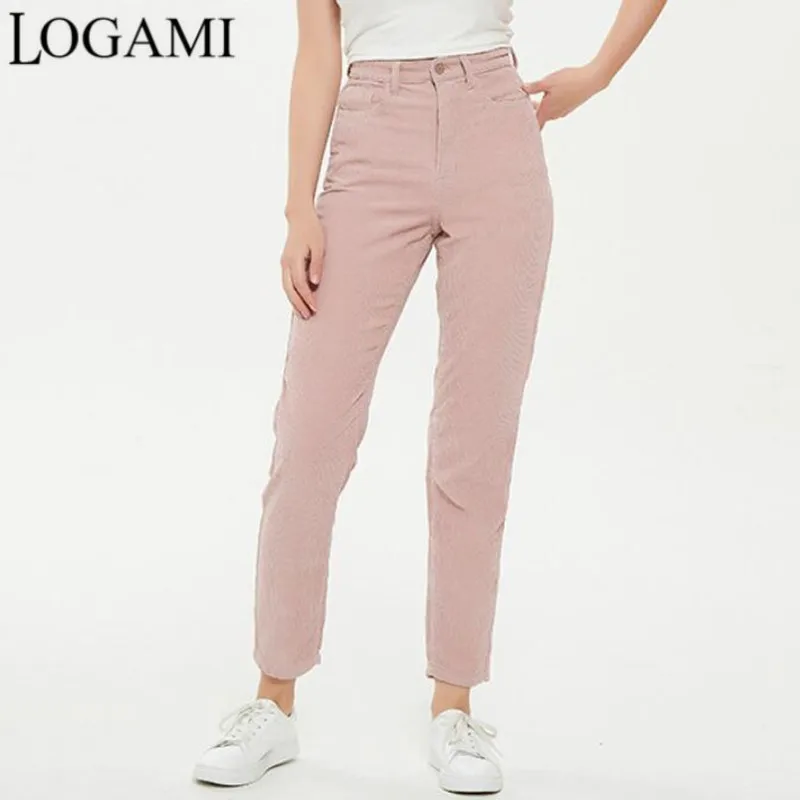 

LOGAMI High Waist Corduroy Straight Pants Women Spring New Woman Pants Pink Trousers