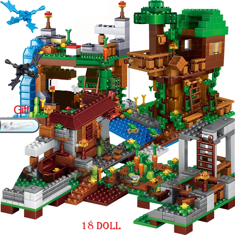 

1208PCS Building Blocks For Mountain Cave My Worlds Village Warhorse Windmill Tree House With Elevator Figures Bricks DIY Toys