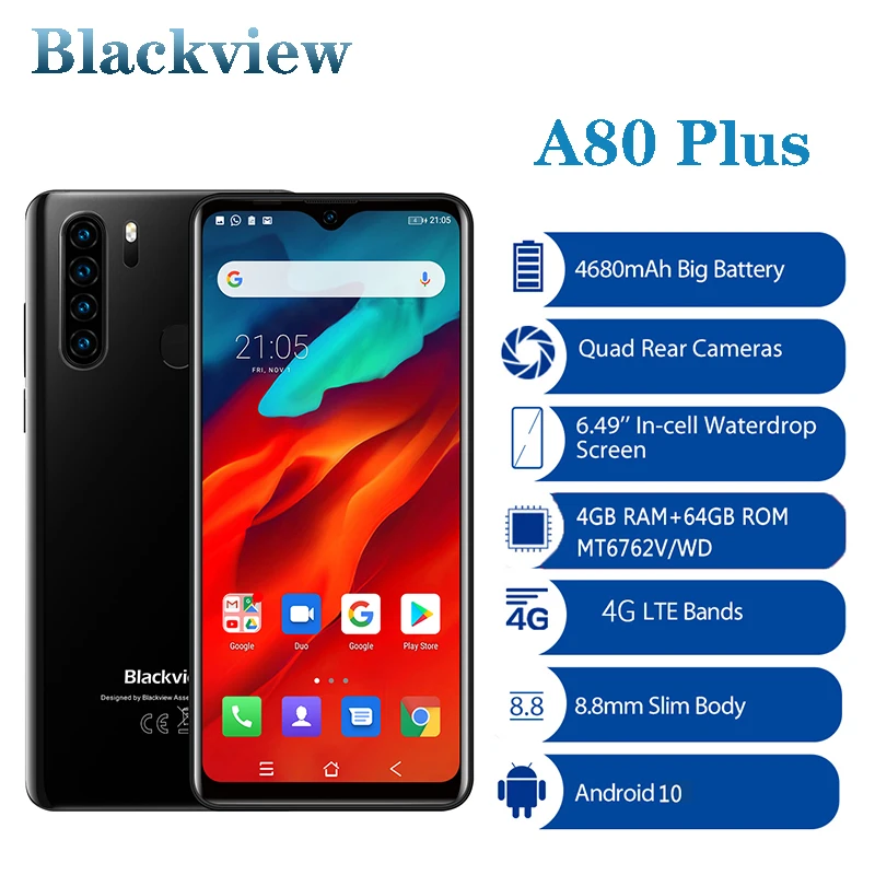

Blackview A80 Plus Mobile Phone 4GB RAM+64GB Octa Core ROM 13MP Quad Rear Camera 6.49 Inch Waterdrop Smartphone 4G Cellphone
