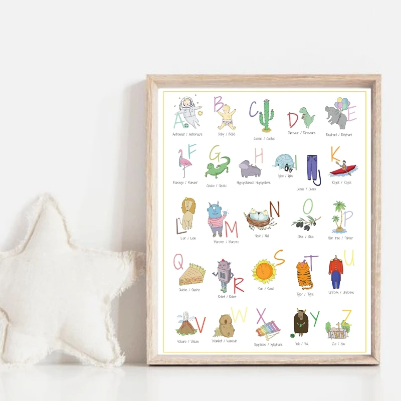 English French Bilingual Alphabet Poster Prints Nursery Wall Decor ABC Educational Illustration Kids Wall Art Canvas Painting
English French Bilingual Alphabet Poster Prints Nursery Wall Decor ABC Educational Illustration Kids Wall Art Canvas Painting