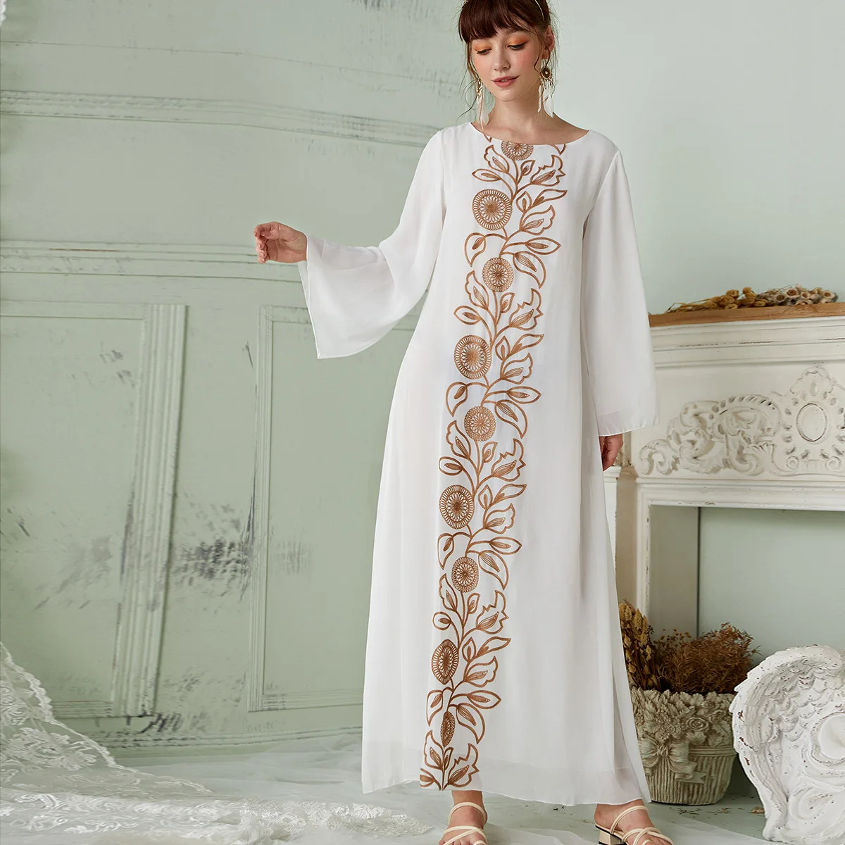 

Женское длинное платье с принтом, элегантное белое платье в мусульманском стиле Среднего Востока, Дубай, турецкие абаи, кафтан, ислам, 2021