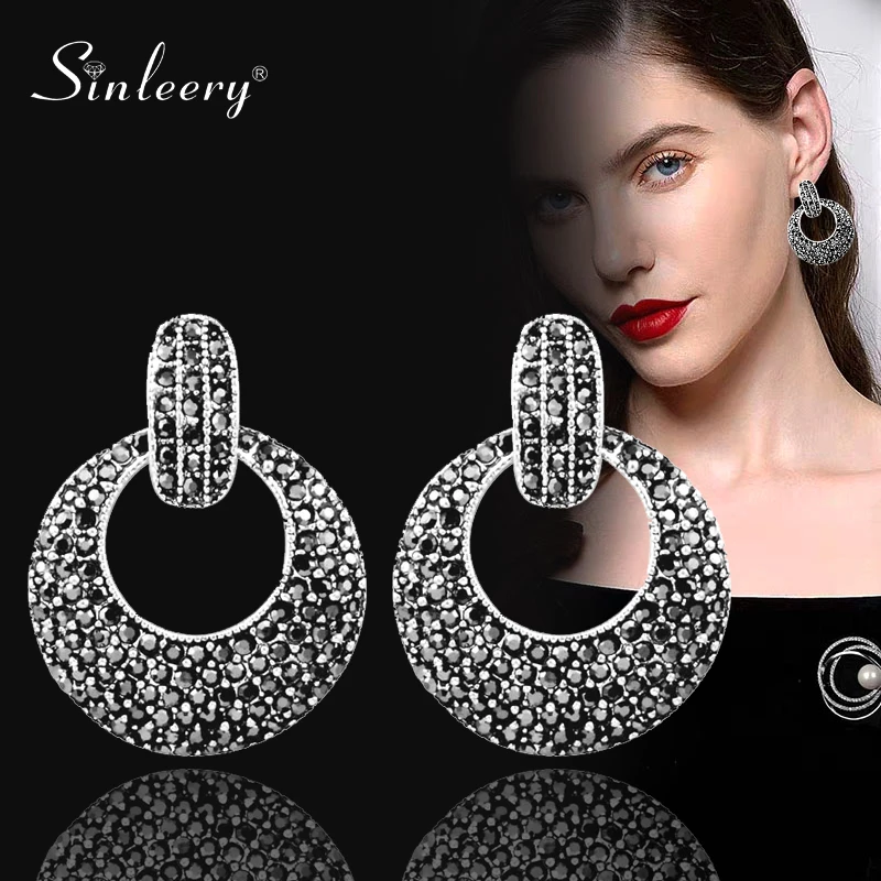 

SINLEERY Vintage Full Black Cubic Zirconia Hollow Round Big Drop Earrings For Women Antique Silver Color Jewelry ES117 SSB